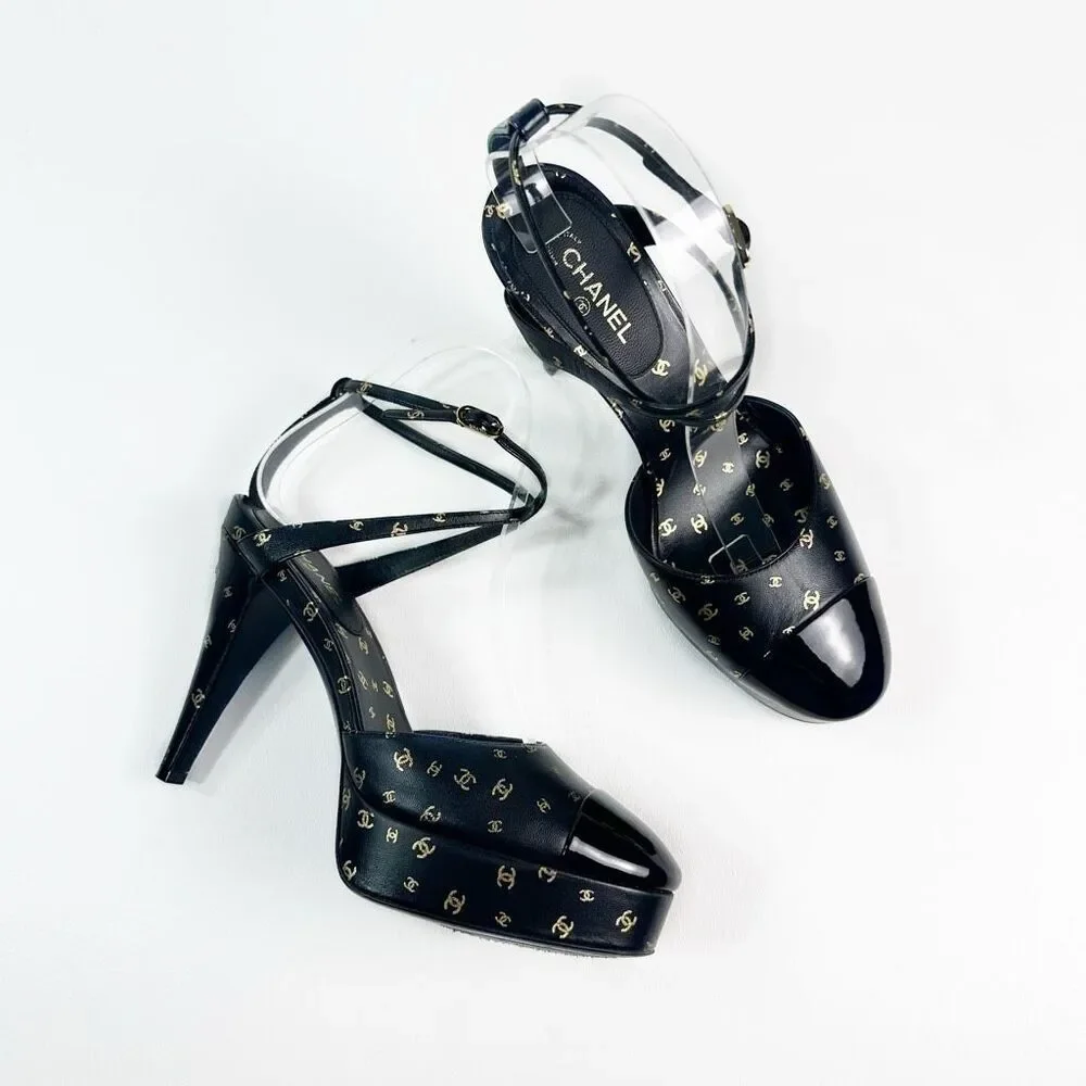 CHANEL 2023 All Over Interlocking CC Logo Black Heels Size 38 Platform Cap Toe